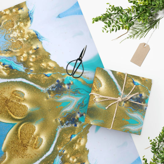 Aqua and Gold Watercolor Wrapping Paper, pour paint gift wrap, abstract birthday wrapping paper