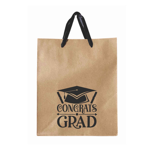 Congrats Grad brown paper graduation gift bags featuring black print and a black ribbon handle. 